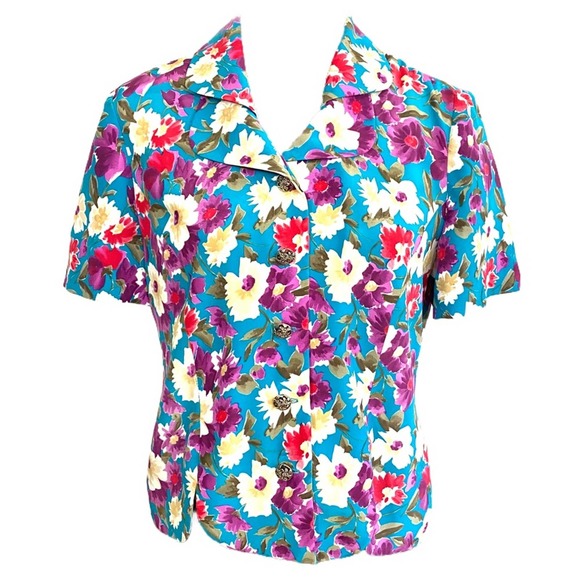 Leslie Faye Colorful Purple and Blue Button Blouse - Picture 1 of 11